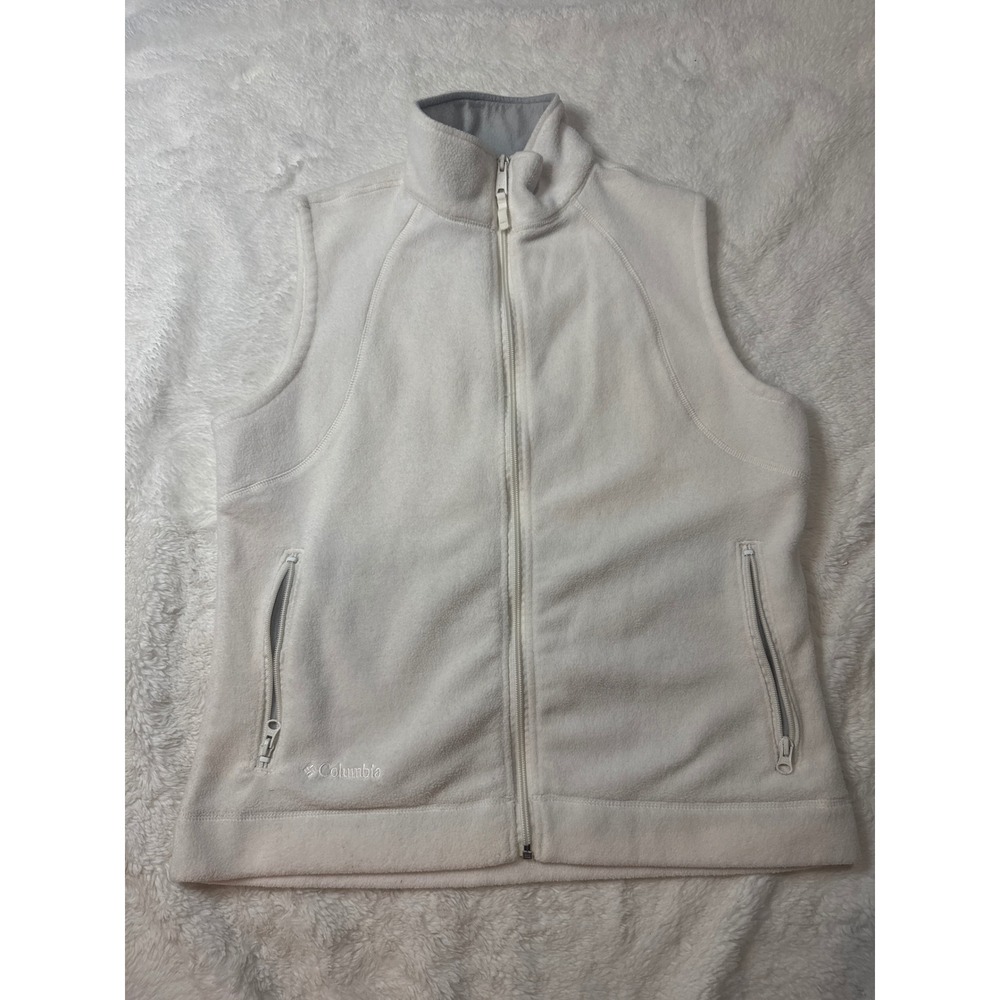 Columbia Fleece Vest Women L White Good Full Zip Mock Neck Pockets
